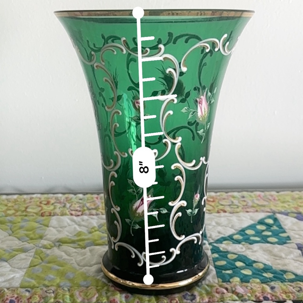 Vintage 1920s Bohemian (Czech) Emerald Green Art Glass, Floral Details, Gold Rim - Picture 5 of 5